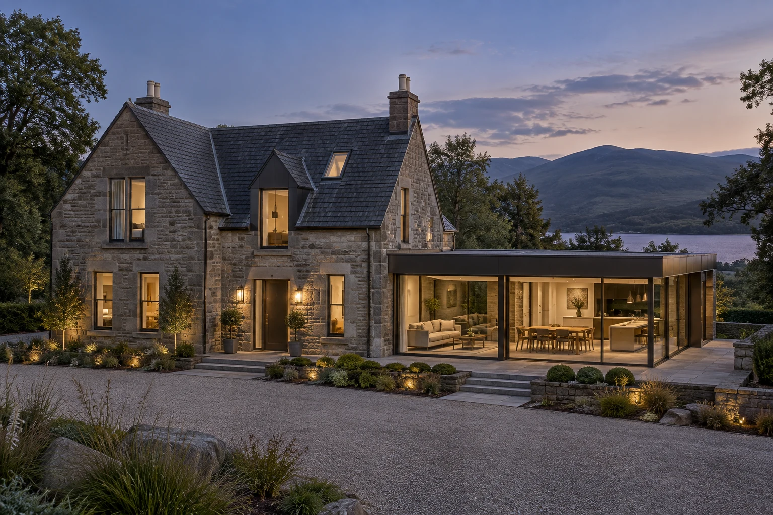 A Scottish stone house with a contemporary glazed extension